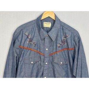 Buffalo Bill Western Shirt Mens Chambray Pearl Snap Embroidered Flap Pockets XL